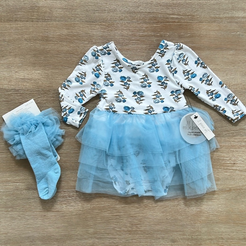 Milkberry Baby Girl Bodysuit Dress Bamboo Tulle Socks 3-6 6-9 months